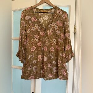 April Cornell Floral Blouse in Olive and Pink